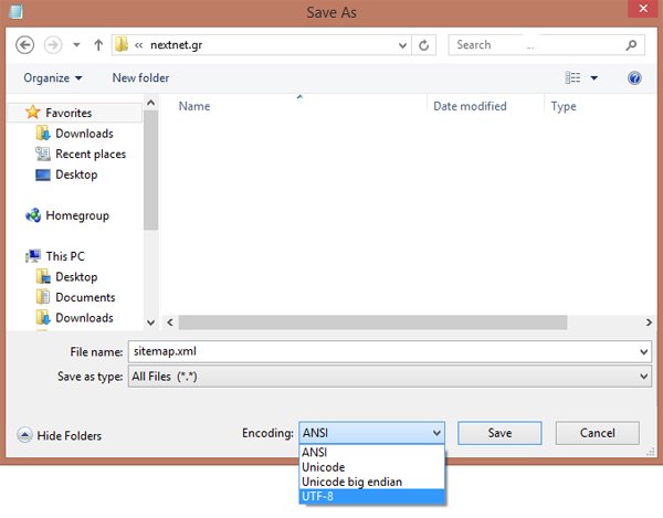 Αποθήκευση sitemap.xml με κωδικοποίηση UTF-8